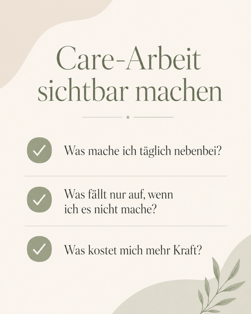 Mini-Checkliste mit drei Fragen, um Care-Arbeit im Familienalltag sichtbar zu machen.