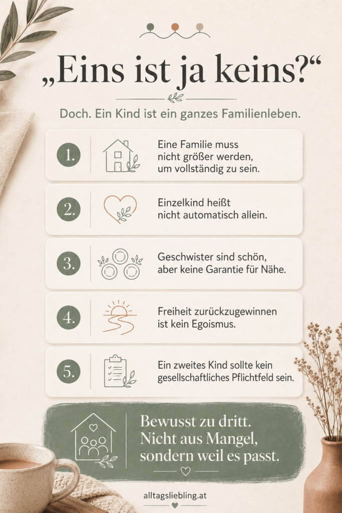 Infografik über bewusst nur ein Kind und warum Einzelkind nicht allein bedeutet.