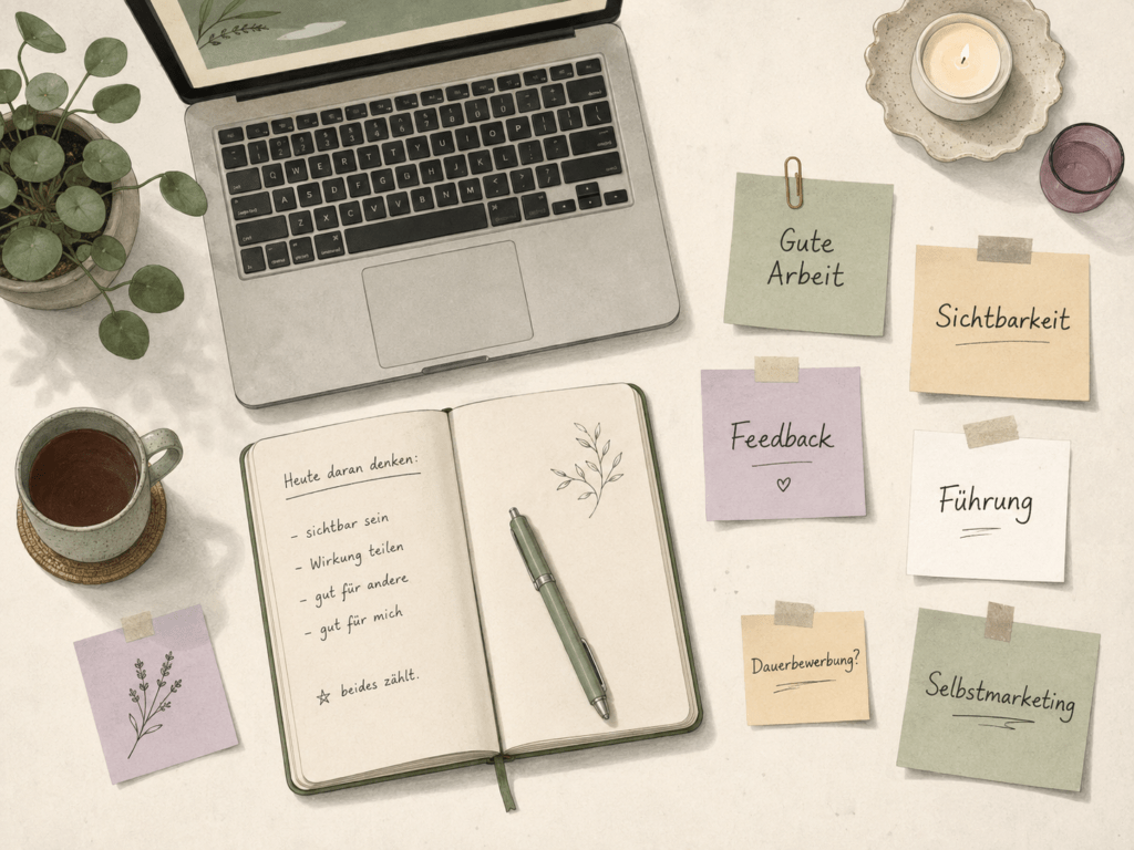 Schreibtisch mit Notizen zu guter Arbeit, Sichtbarkeit, Feedback und Führung im Job