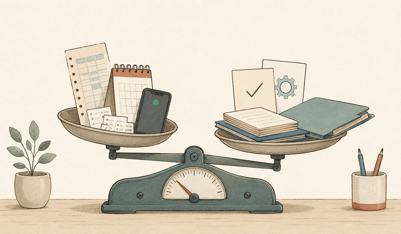 Illustration einer Waage mit Arbeitszeit-Symbolen und strukturierten Arbeitsunterlagen als Symbol für verzerrte Leistung im Job.
