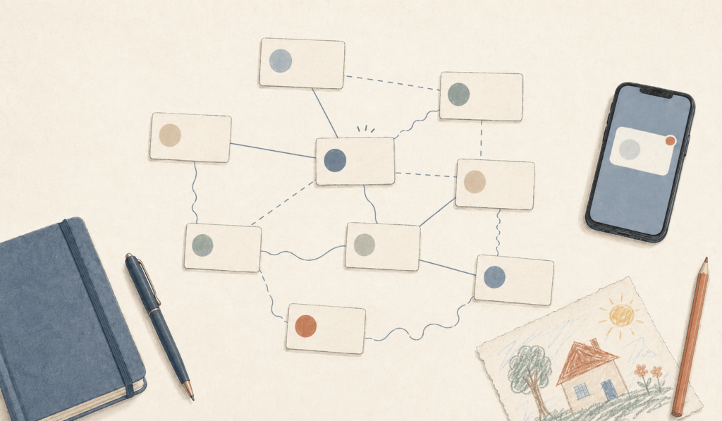 Illustration eines Tisches mit Kontaktkarten, Verbindungslinien, Notizbuch und Kinderzeichnung als Symbol dafür, wie berufliches Networking zur Strategie werden kann.