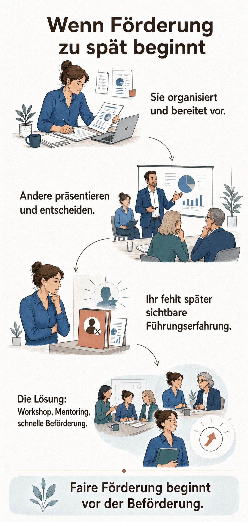 Infografik zeigt, warum faire Frauenförderung im Unternehmen bereits bei Aufgaben und Entwicklungsmöglichkeiten beginnen muss.
