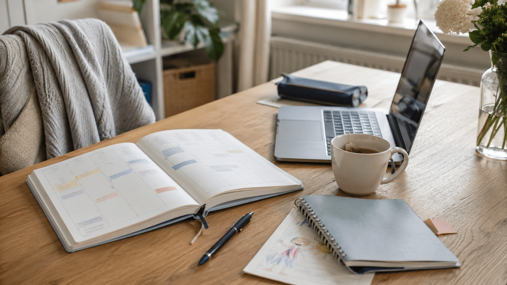 Ruhiger Arbeitsplatz mit Wochenkalender, Laptop, Notizbuch und kleinen Alltagsspuren als Symbol für Führung in Teilzeit und klare Planung.