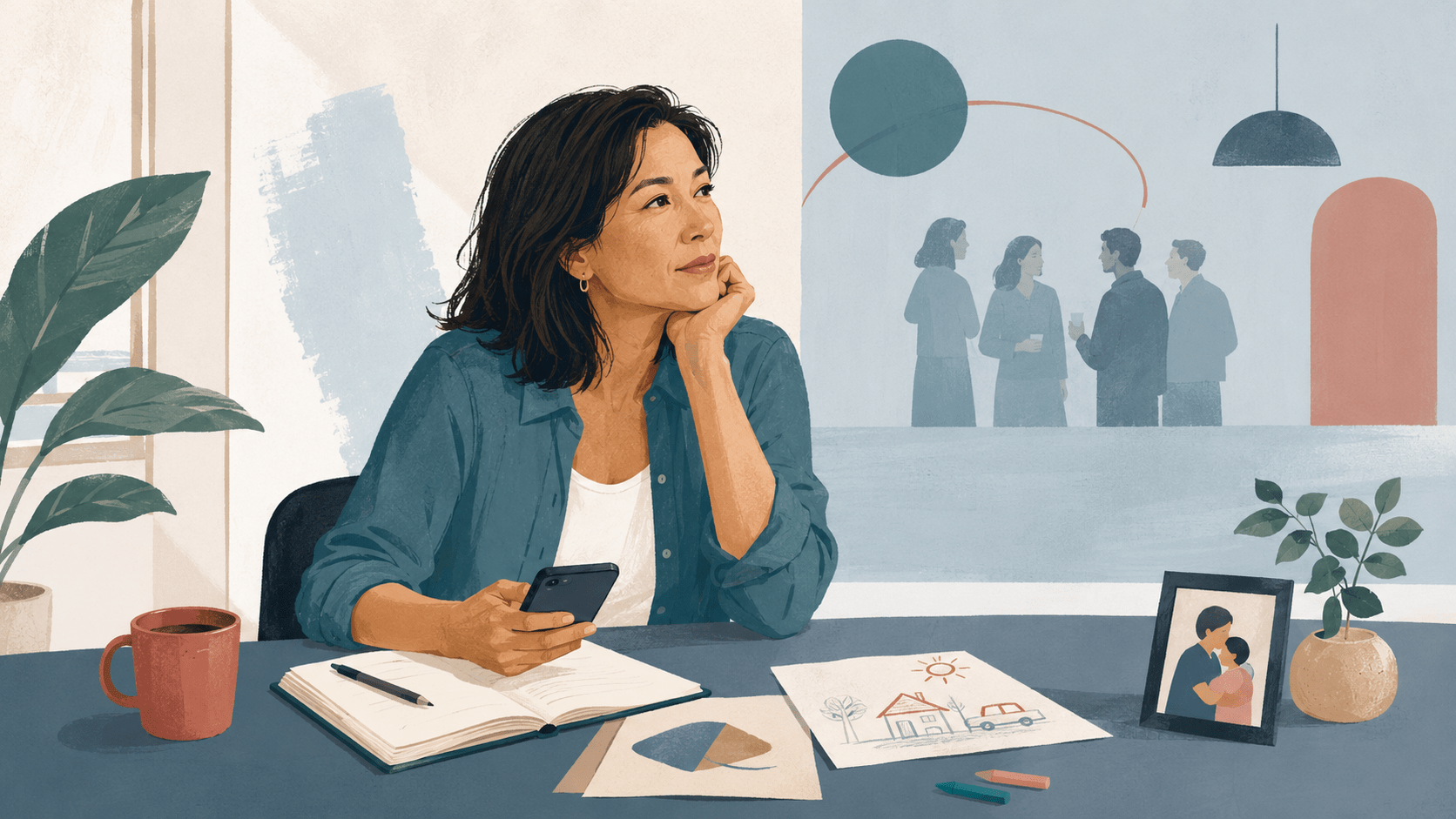 Illustration einer nachdenklichen Frau am Schreibtisch mit Smartphone, Notizbuch und Kinderzeichnung als Symbol für strategisches Networking im Job und seine Wirkung auf den Alltag.