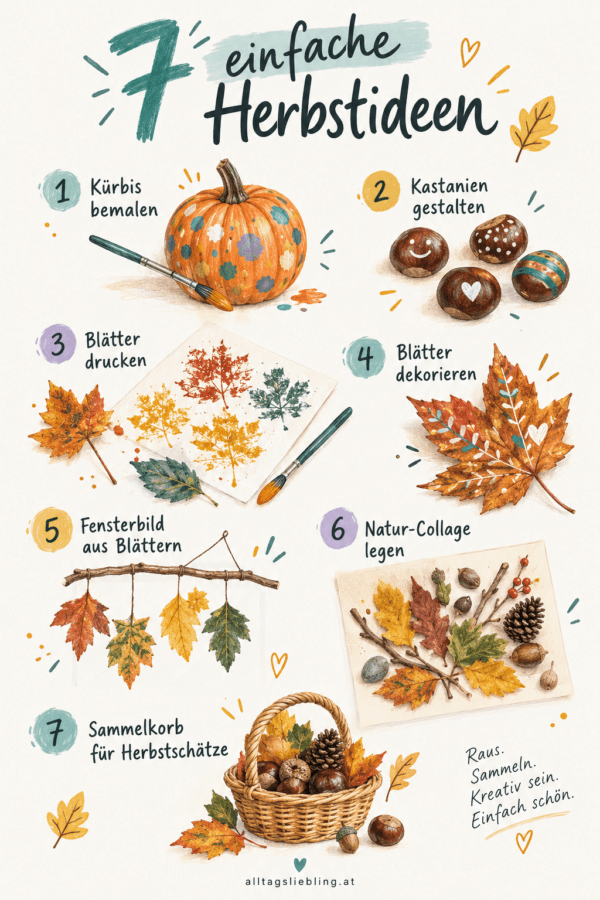 Infografik mit sieben einfachen Herbstideen zum Basteln mit Kindern