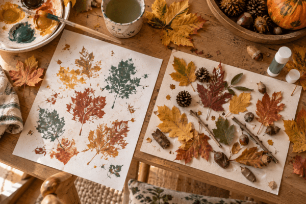 Kind stempelt mit bunten Herbstblättern auf Papier