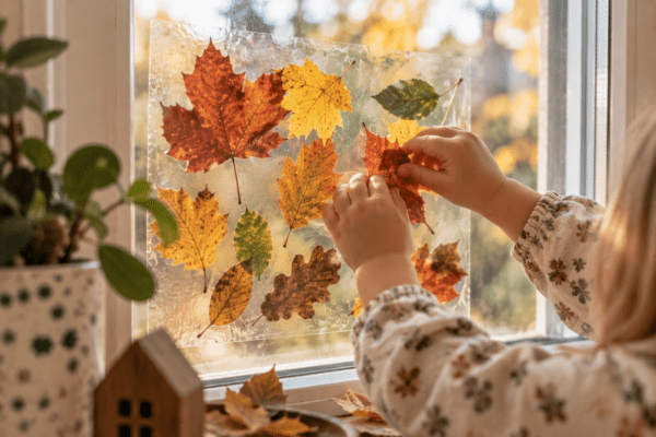 Einfaches Fensterbild aus bunten Herbstblättern für Kinder
