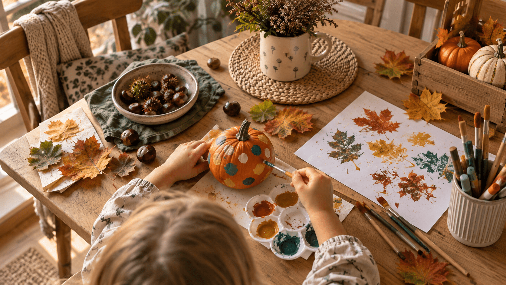 Einfache Herbst-Bastelideen mit Kürbis, Kastanien und bunten Blättern auf einem Tisch
