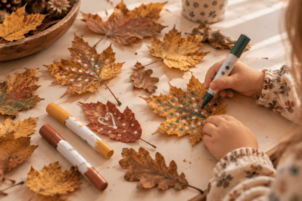 Bemalte Herbstblätter mit einfachen Punkten und Linien