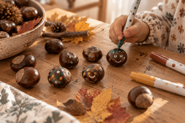Einfach bemalte Kastanien als Herbst-Bastelidee für Kinder
