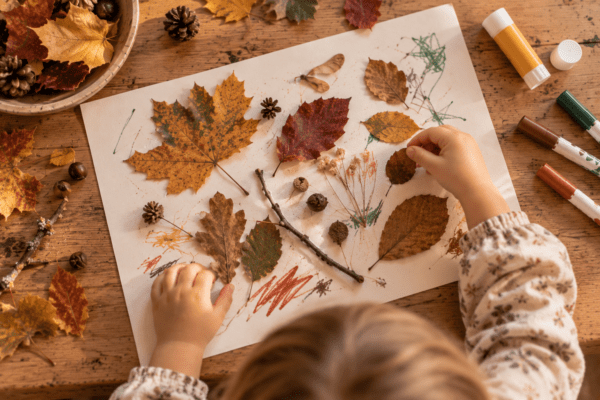 Freie Natur-Collage aus Blättern und Fundstücken für Kinder